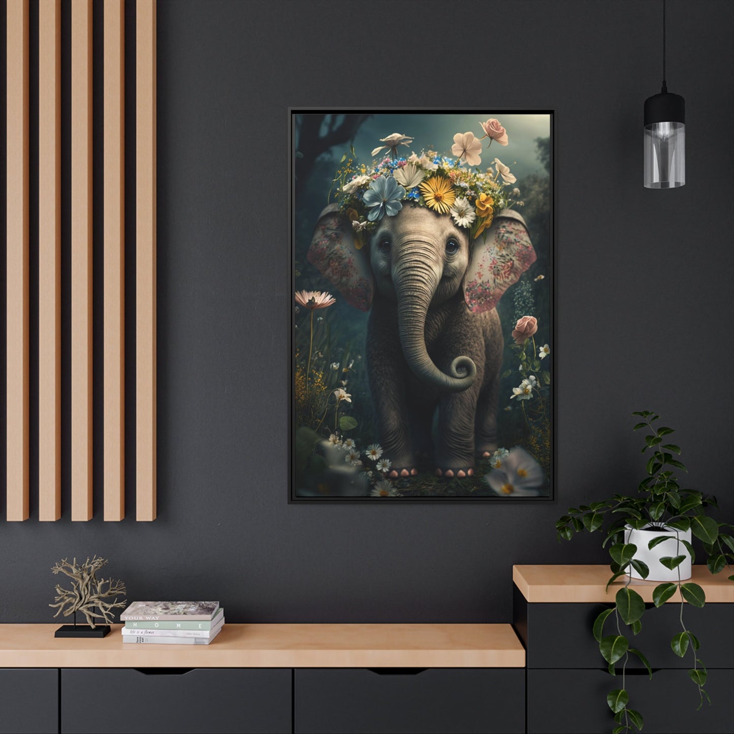 Jungle Majesty: Canvas Print of Elephants and Exotic Plants
