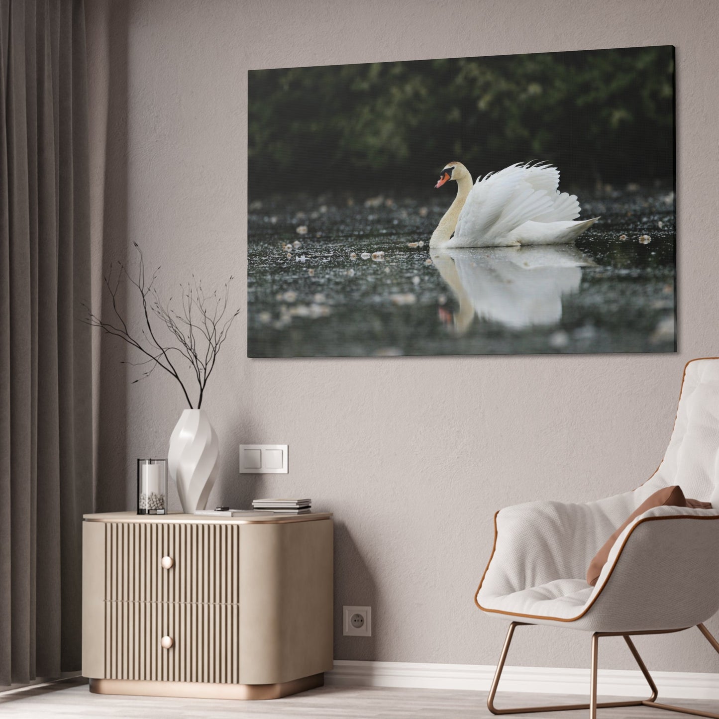 Swan Lake Dreams: Natural Canvas Print of Beautiful Swan in a Dreamy Landscape