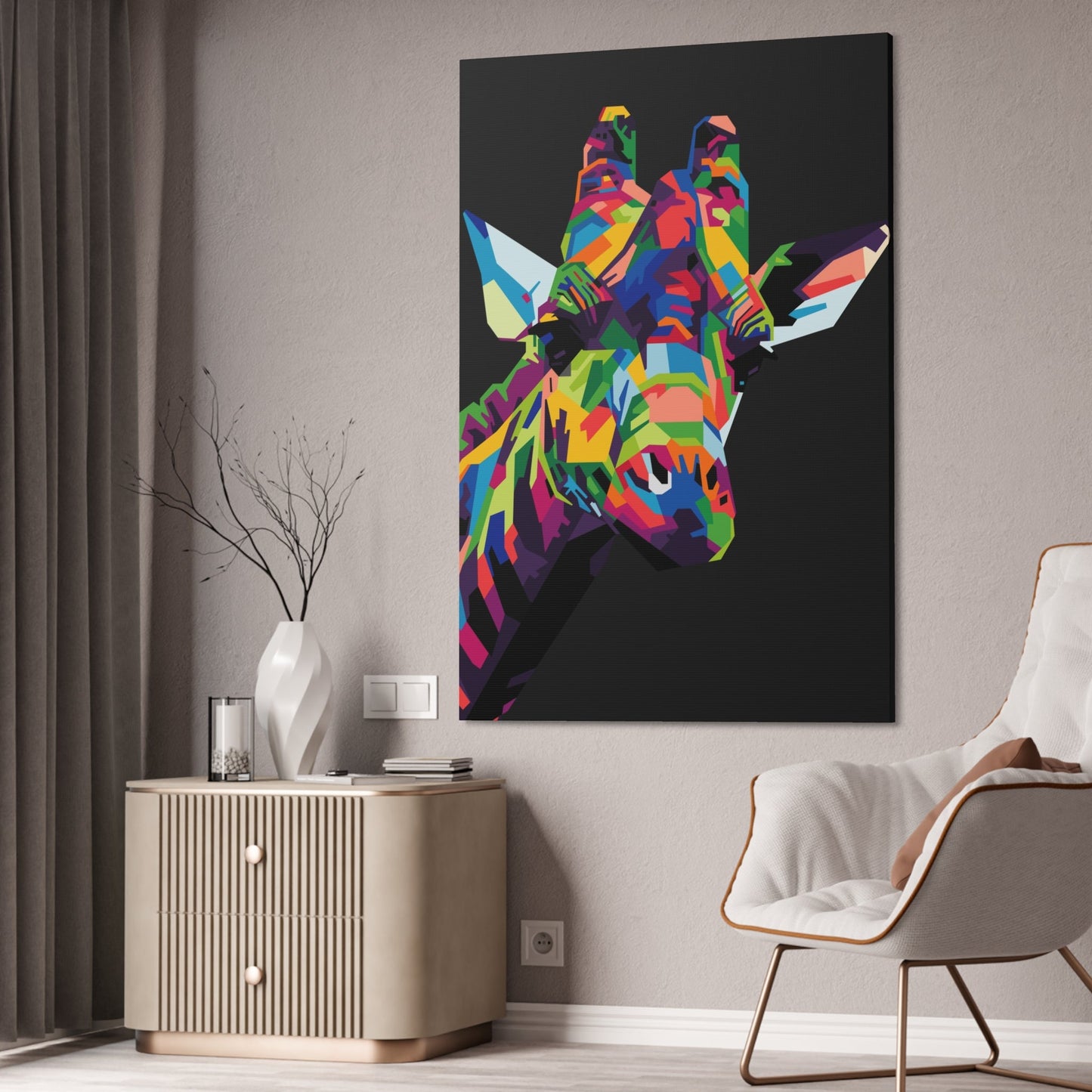 Splash of Color: A Vividly Colored Artistic Print of a Giraffe on Canvas & Poster