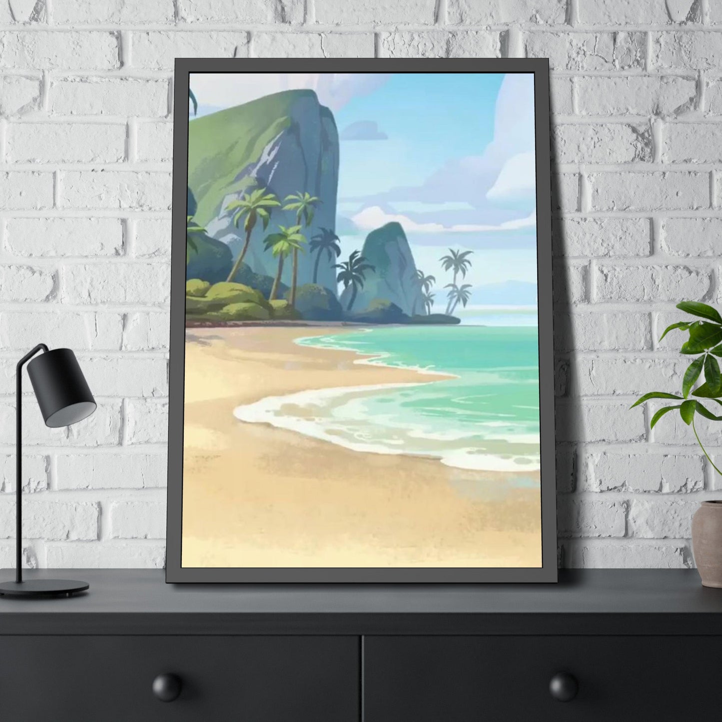 Coastal Haven: Framed Canvas of a Tranquil Beach Landscape