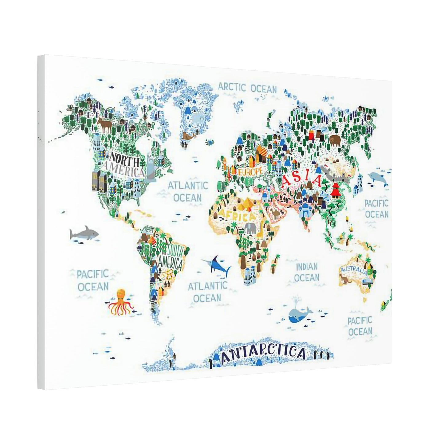 World Adventure: Framed Canvas and Poster of Playful Illustrated Kids Map