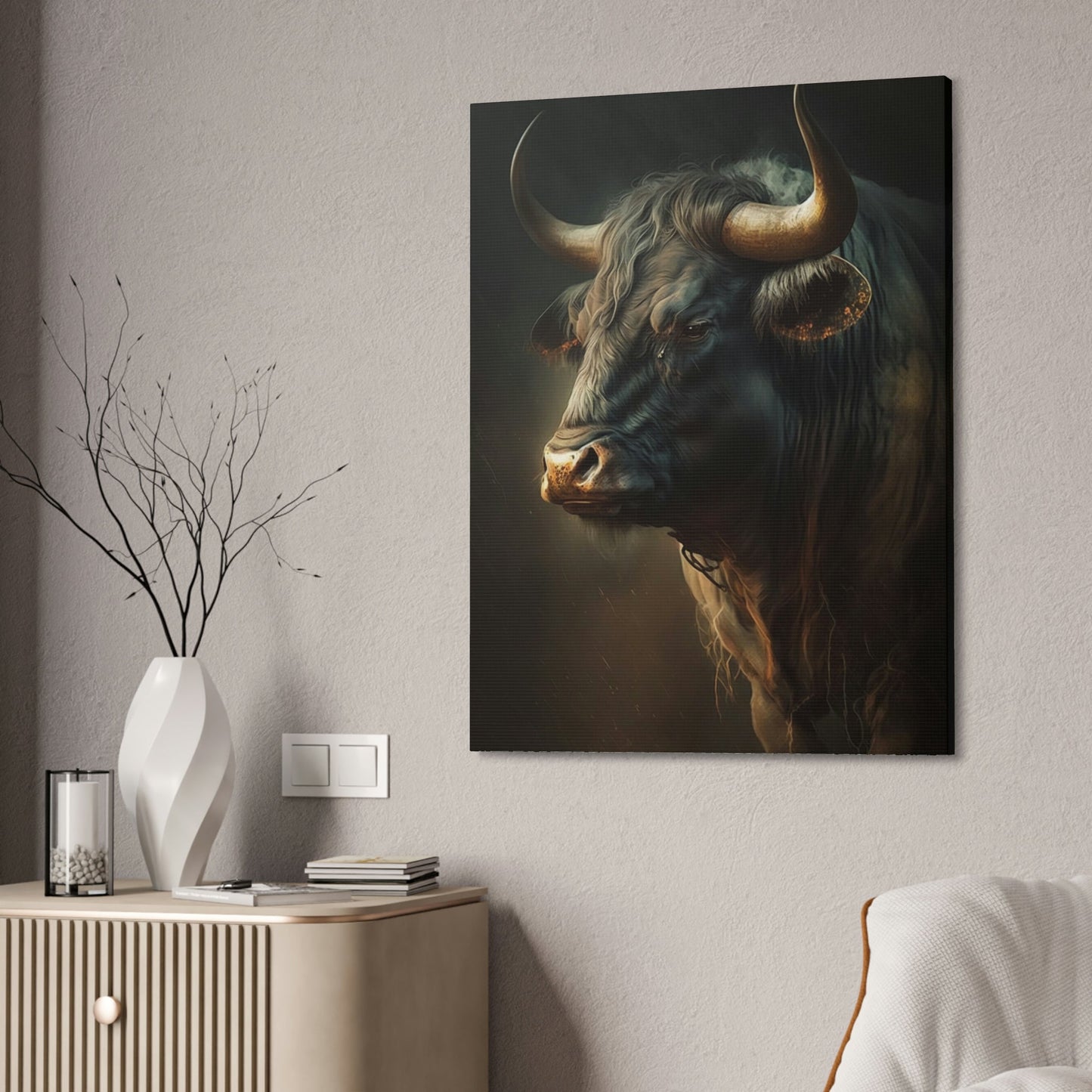 Bull's Strength: Canvas Wall Art Print of Majestic Horned Animal