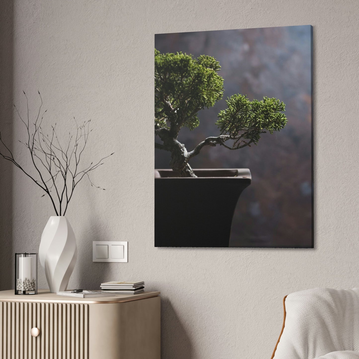 Bonsai Harmony: Framed Canvas and Print with Balanced Bonsai Tree Art