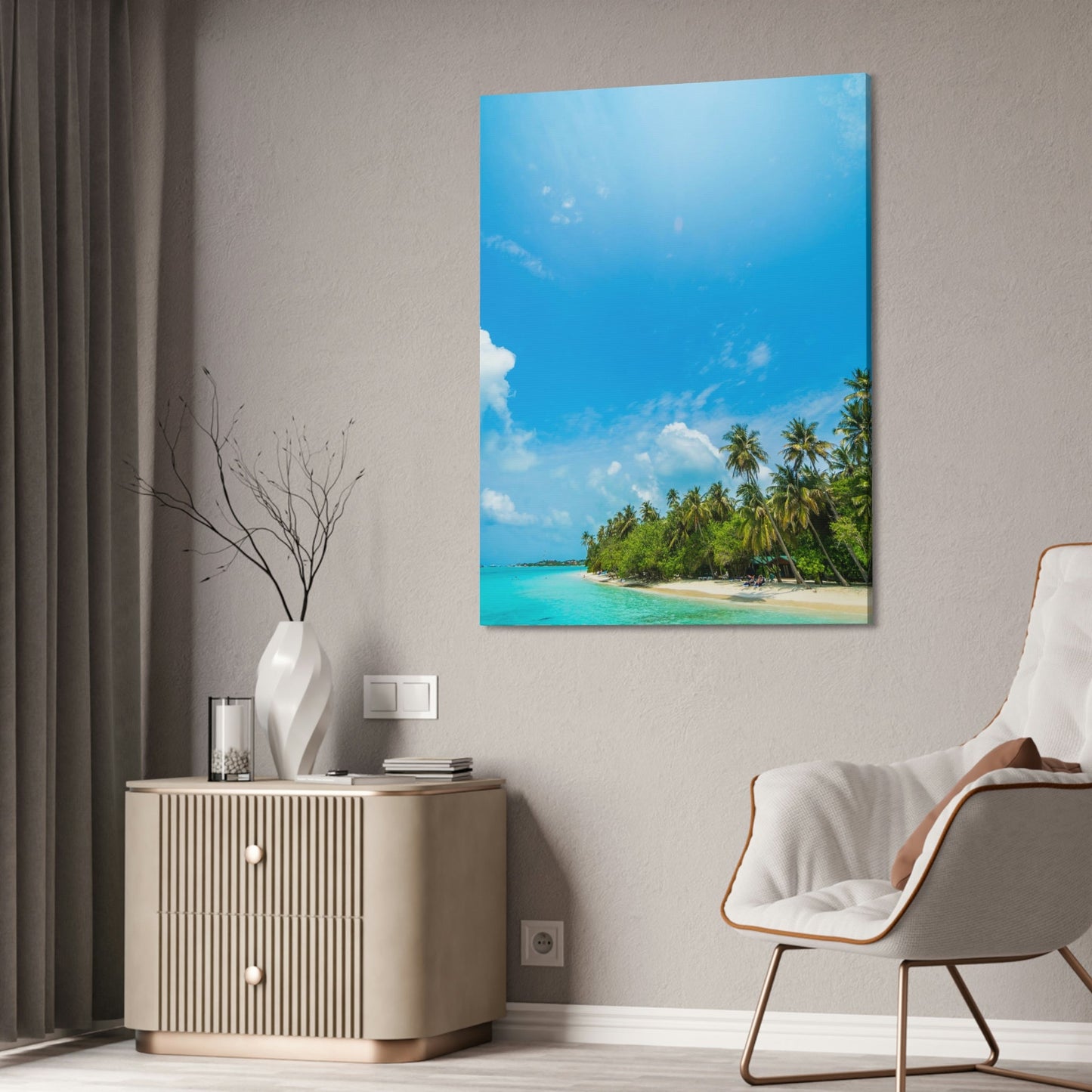 Coastal Charm: Art Print of a Beautiful Island Beach Scene on a Framed Poster