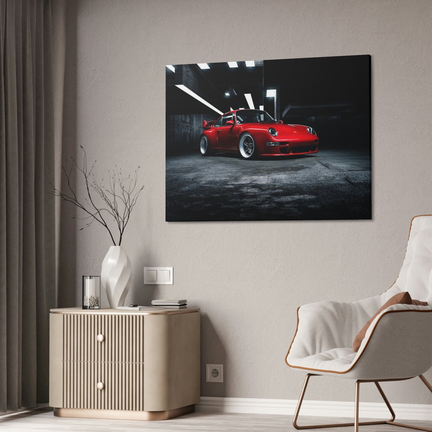 Passionate Red Porsche: A Vibrant Print on Natural Canvas & Poster