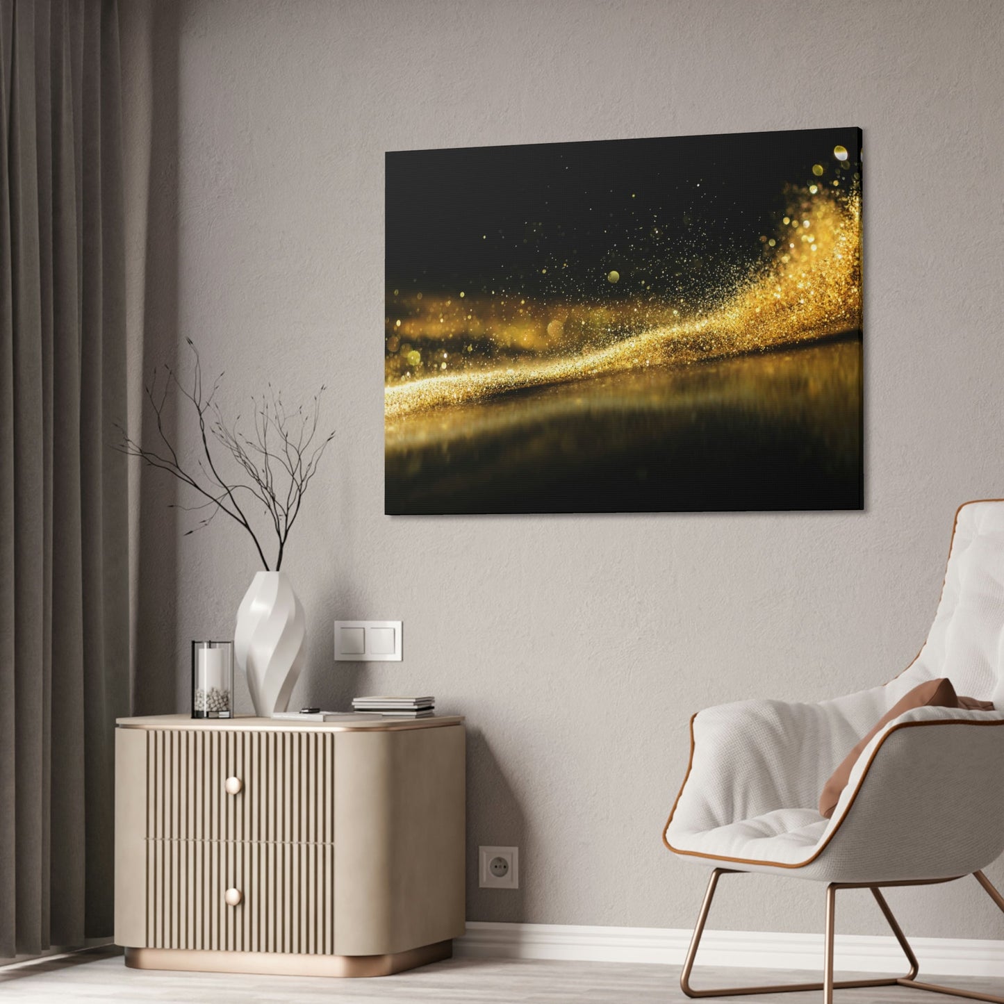 Lustrous Impressions: Gold Abstract Wall Art on Natural Canvas & Poster