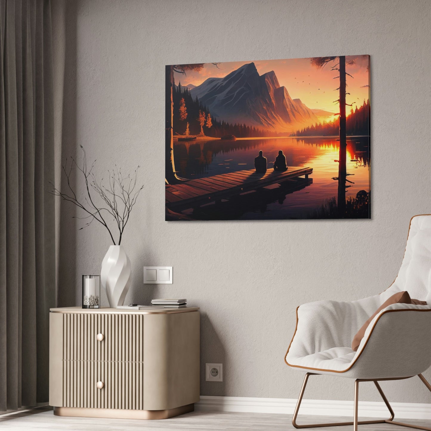 Peaceful Lakeshore: Framed Poster of a Calm Lake Scene on Canvas