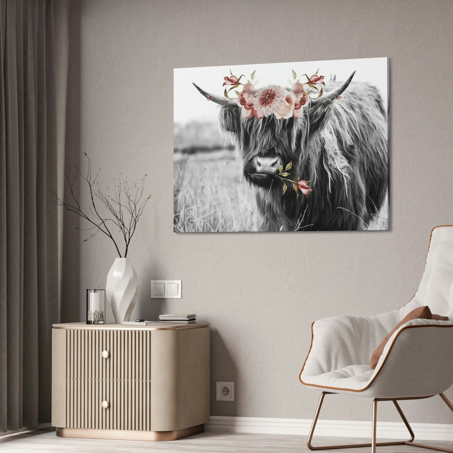 Highland Cow | Black-White Picture of Cow with Pink Flowers in the Mouth | Art Canvas — Pixoram