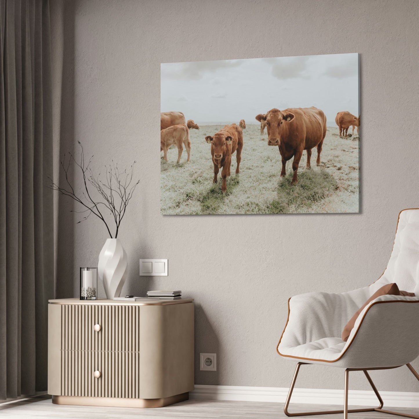 Peaceful Pasture: Framed Canvas & Posters Print of Cow Grazing