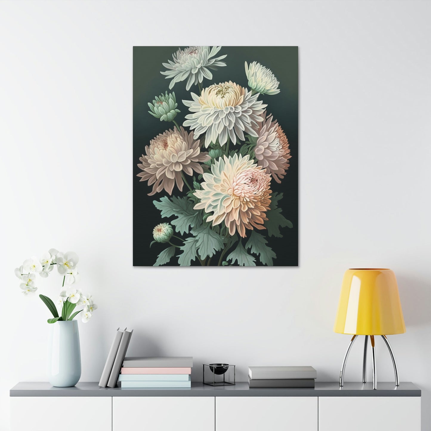 Chrysanthemums in Bloom: Beautiful Wall Art on Natural Canvas