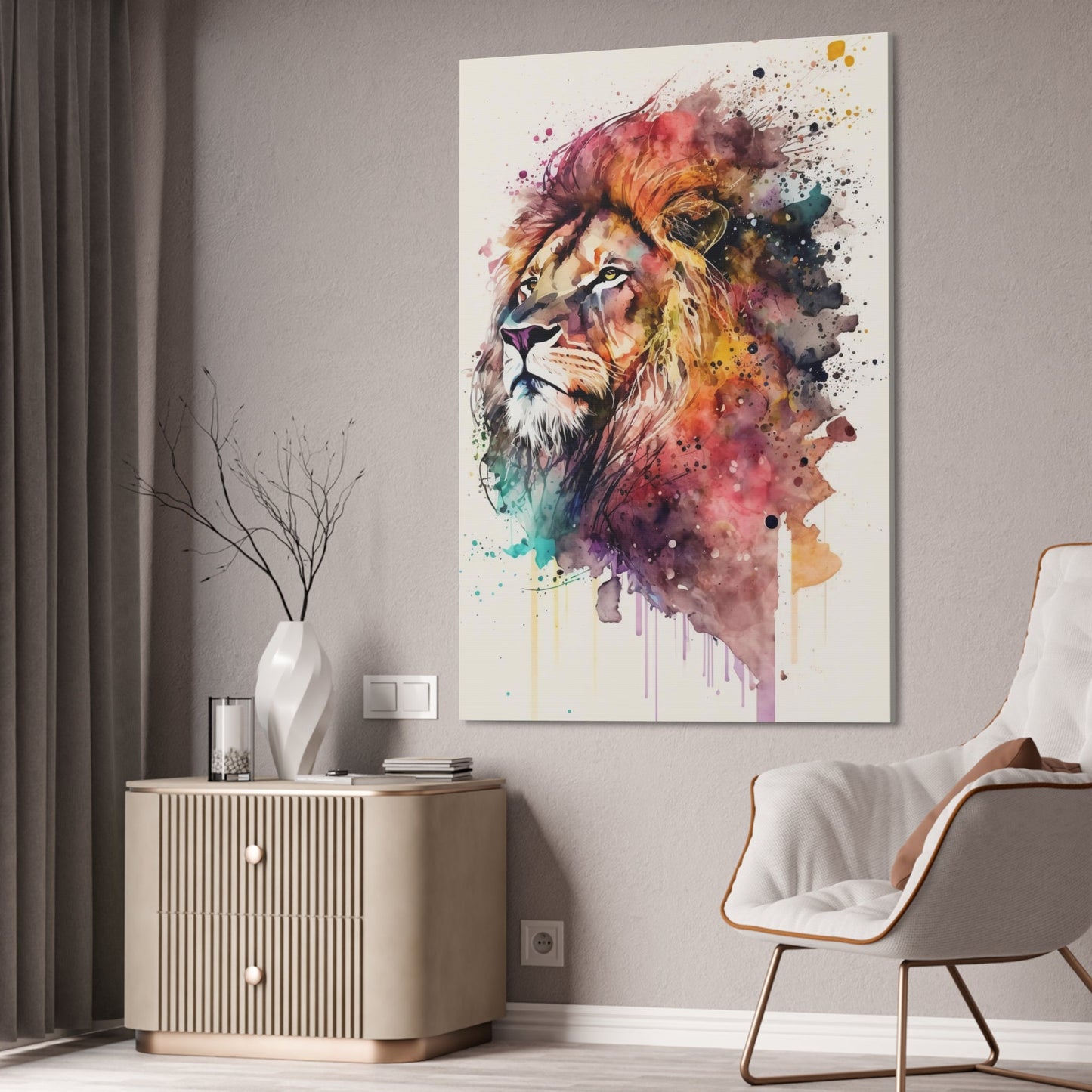 The King's Portrait: Artistic Print on Framed Canvas of a Regal Lion