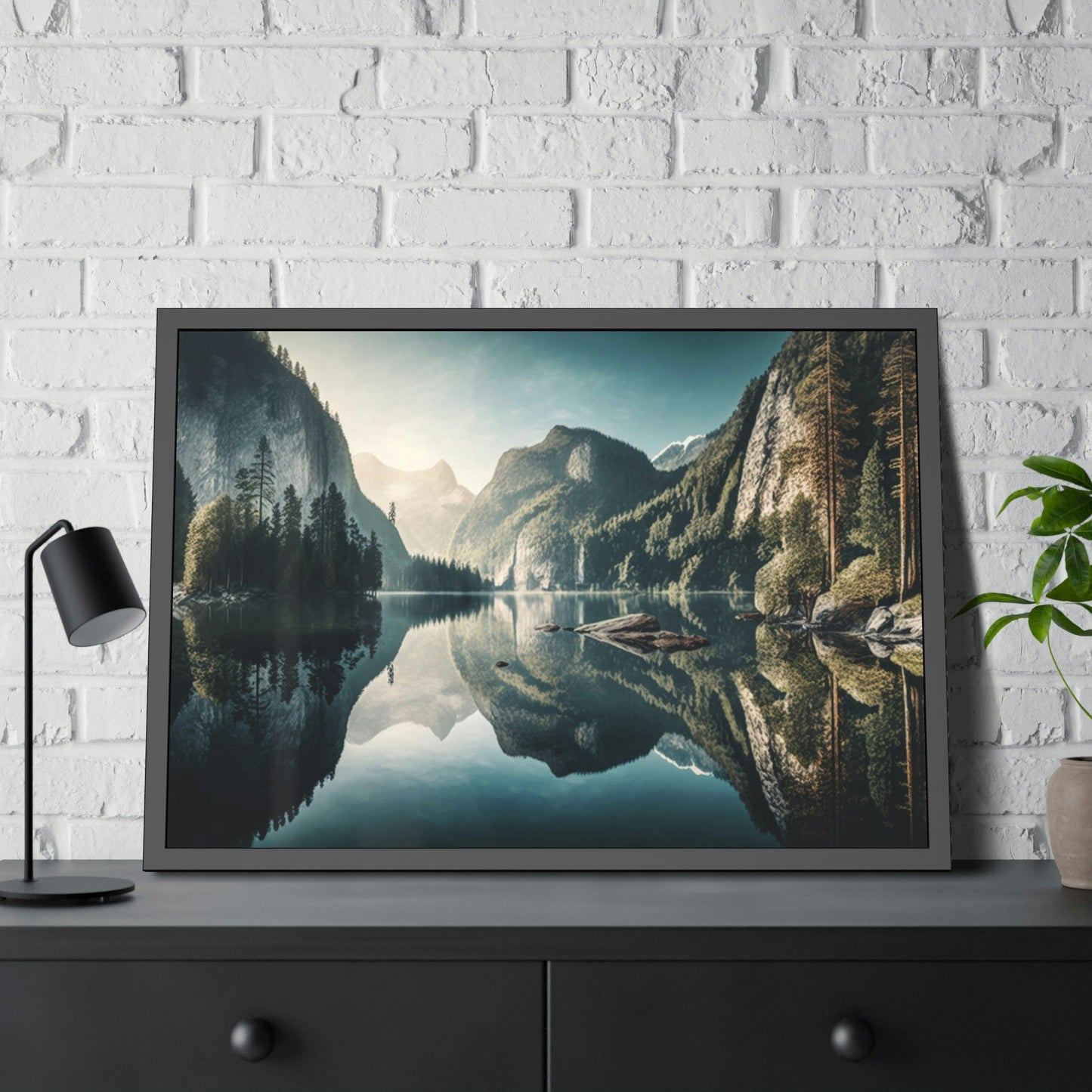 Tranquil Lakeshore: Framed Poster of a Peaceful Lake on Canvas