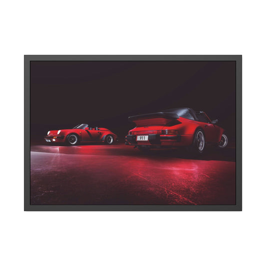 Red on Red: A Framed Canvas Artwork Featuring Two Iconic Porsche Sports Cars