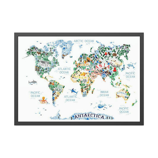 World Adventure: Framed Canvas and Poster of Playful Illustrated Kids Map