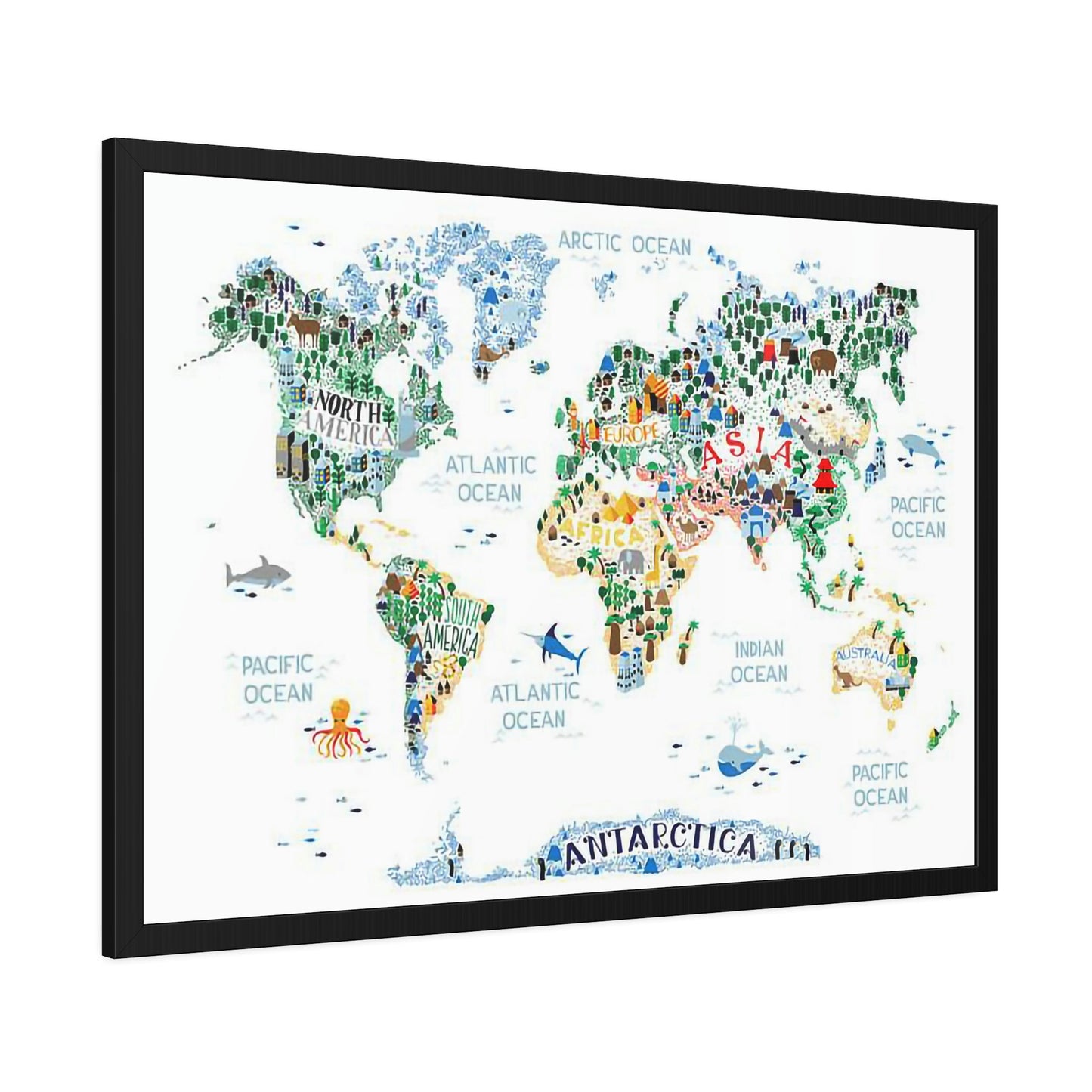 World Adventure: Framed Canvas and Poster of Playful Illustrated Kids Map