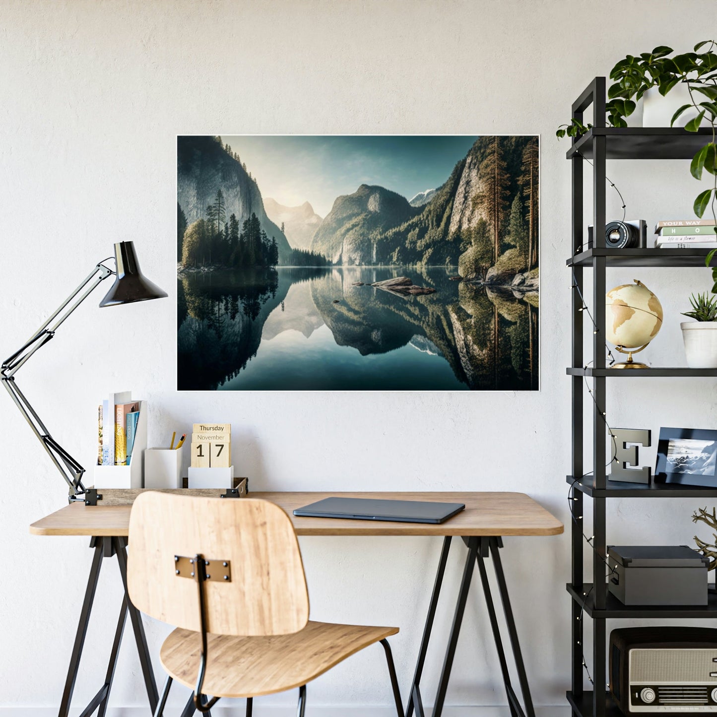 Tranquil Lakeshore: Framed Poster of a Peaceful Lake on Canvas