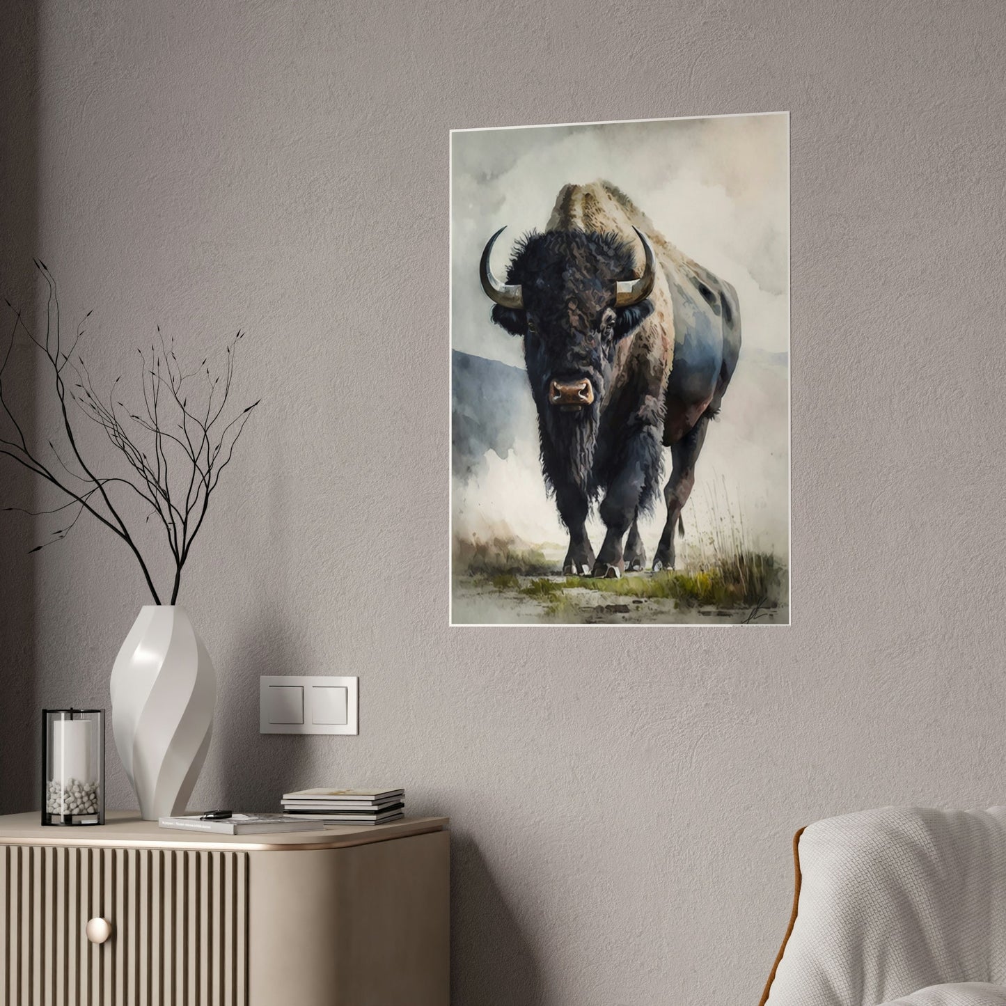 A Serene Buffalo Portrait on Natural Canvas & Poster for Your Home