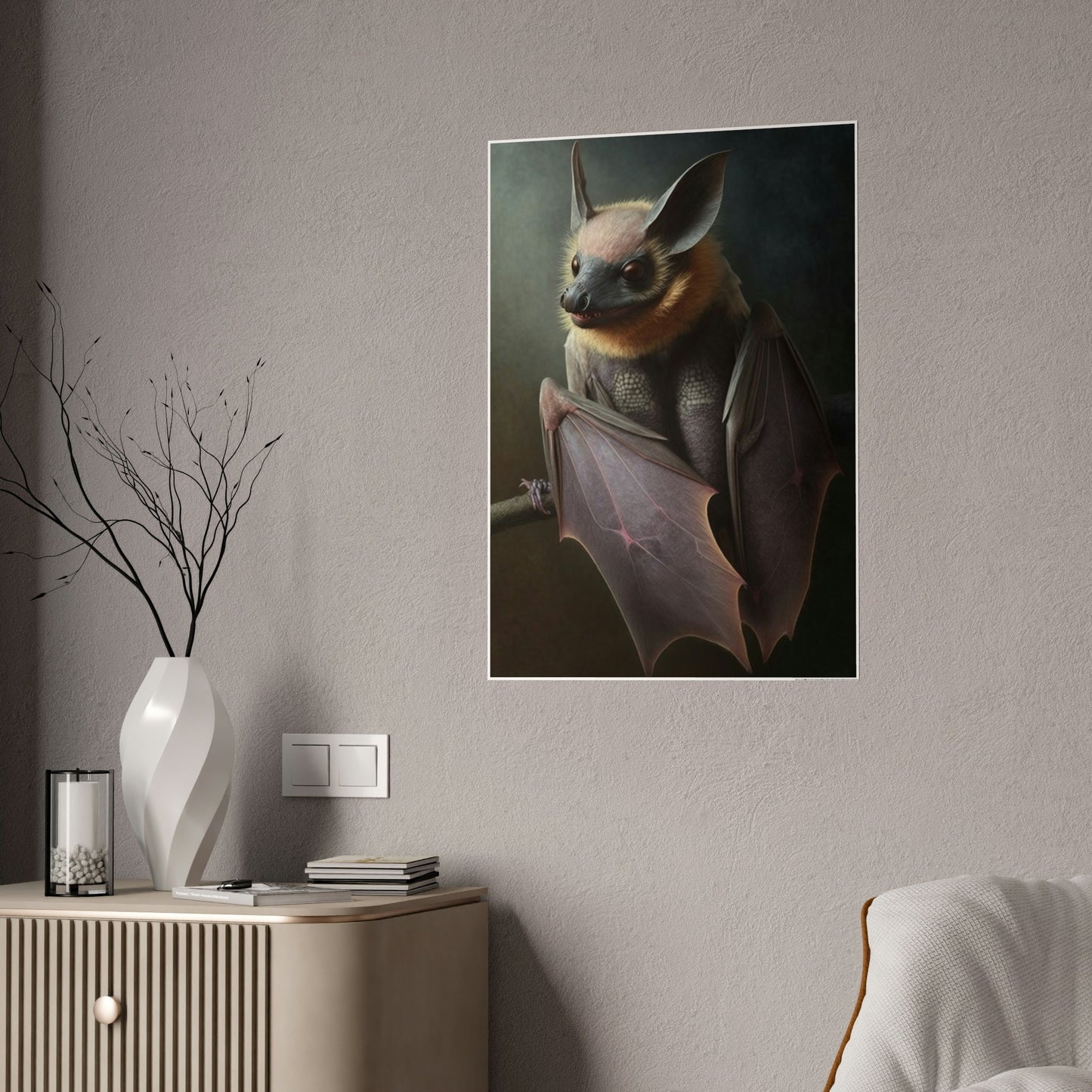 In the Shadows: Poster & Canvas Art Print of a Single Bat in the Dark