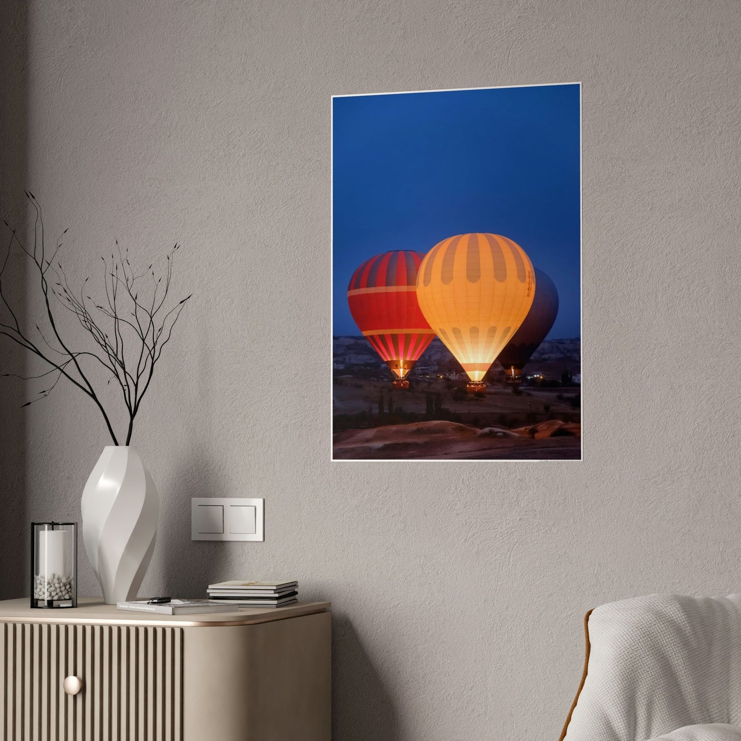 Aerial Adventure: Framed Canvas & Poster of a Hot Air Balloon Over Mountains