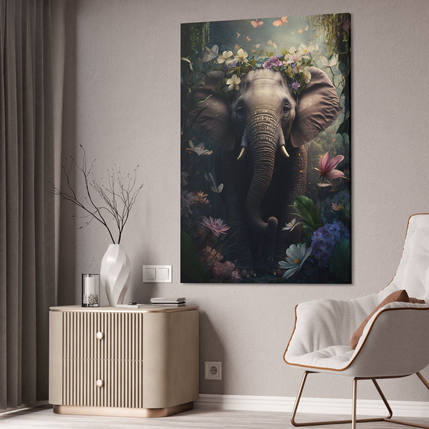 Elephant Dreams: Natural Canvas Print for Bedroom Decor