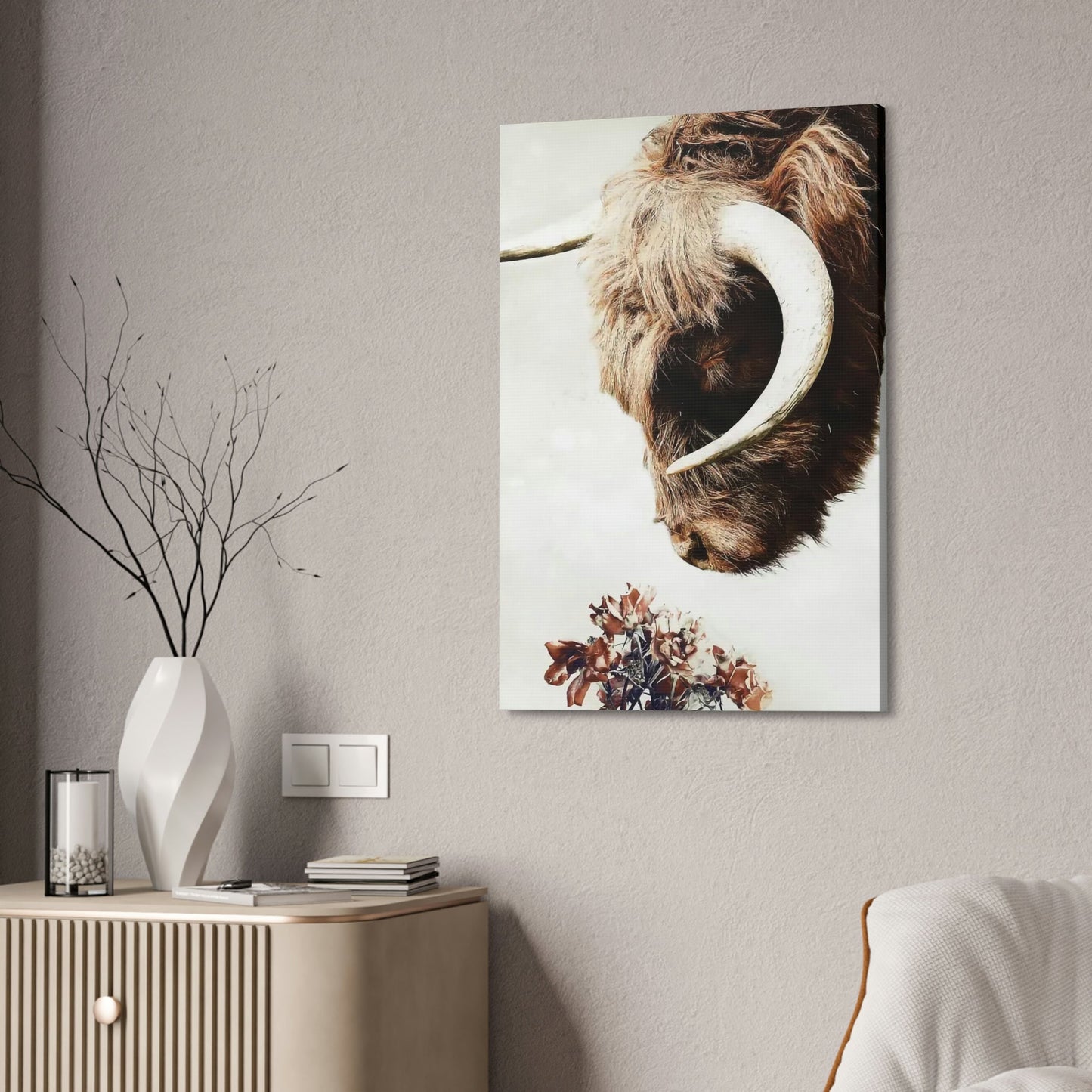 Highland Cow | Horned Cow Smelling a Flower | Animal Wall Art — Pixoram