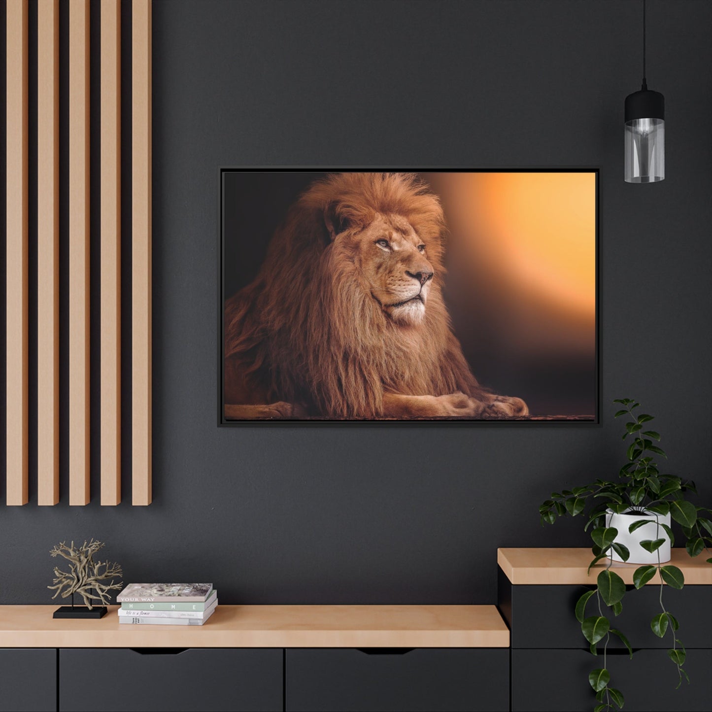 The Lion's Grace: Framed Canvas Print of the Majestic African Mammal