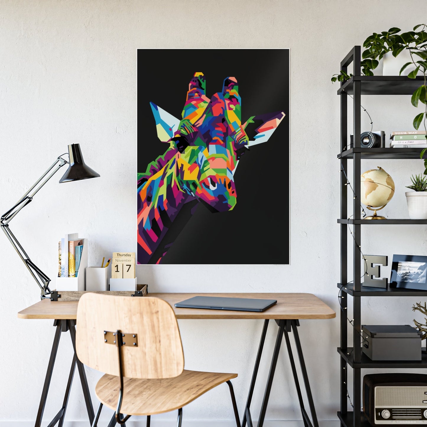 Splash of Color: A Vividly Colored Artistic Print of a Giraffe on Canvas & Poster