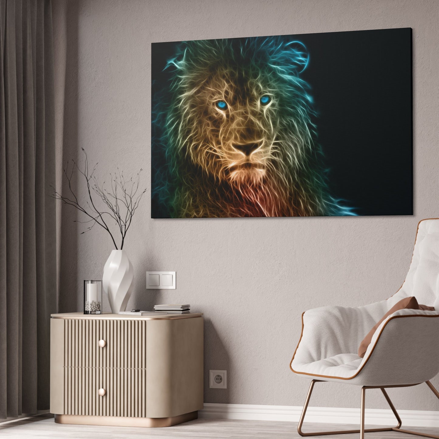 King of the Savanna: Artistic Print on Framed Canvas of a Lion