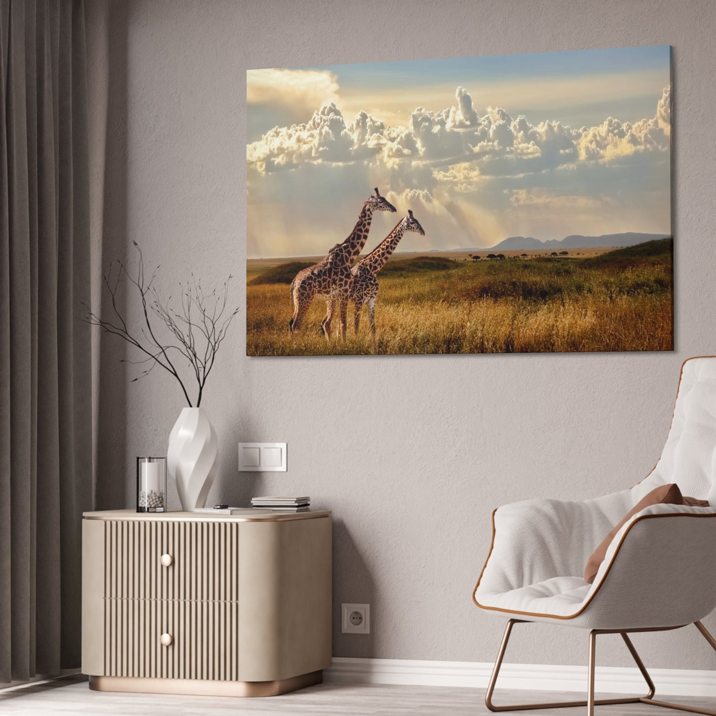 Graceful Giants: Striking Print on Canvas of Giraffes in Motion